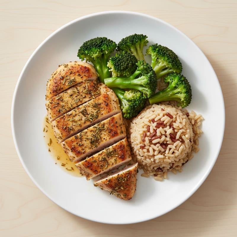 Herb-Seared Chicken Breast with Steamed Broccoli and Brown Rice