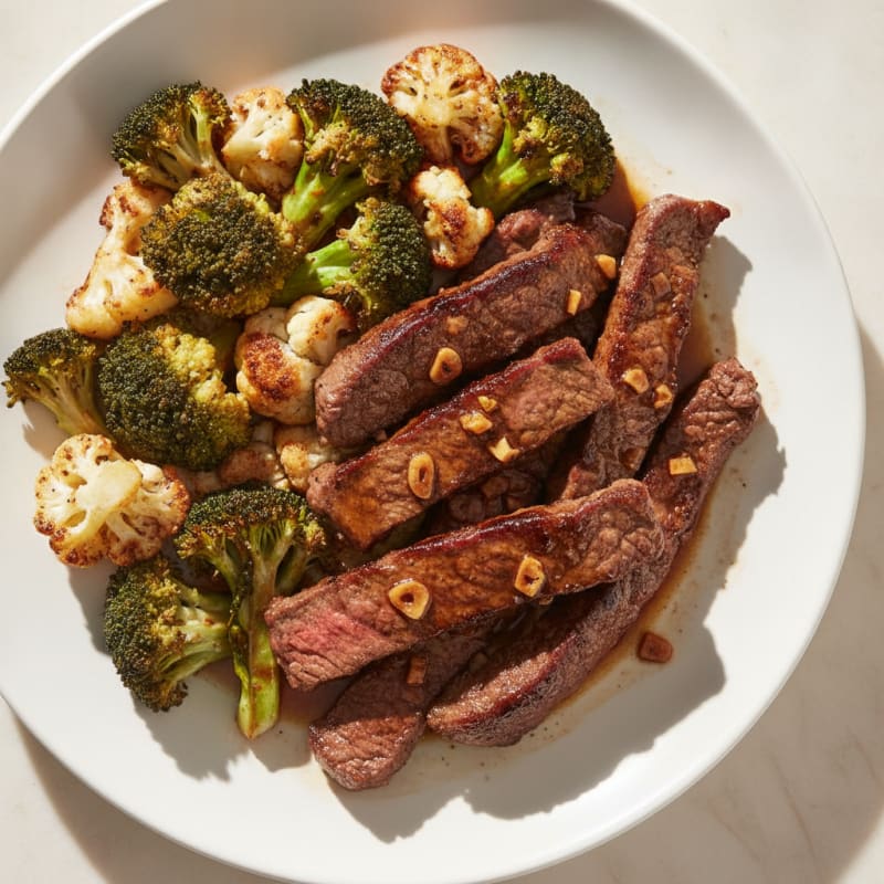 Seared Lean Beef Strips with Roasted Broccoli and Cauliflower