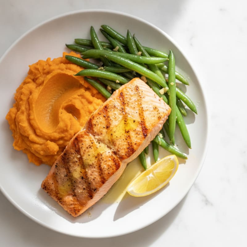 Seared Salmon with Garlic Green Beans and Sweet Potato Mash