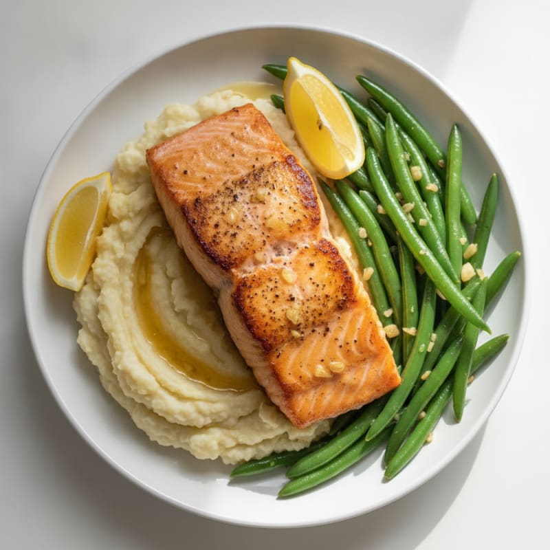 Seared Salmon with Garlic Green Beans and Cauliflower Mash