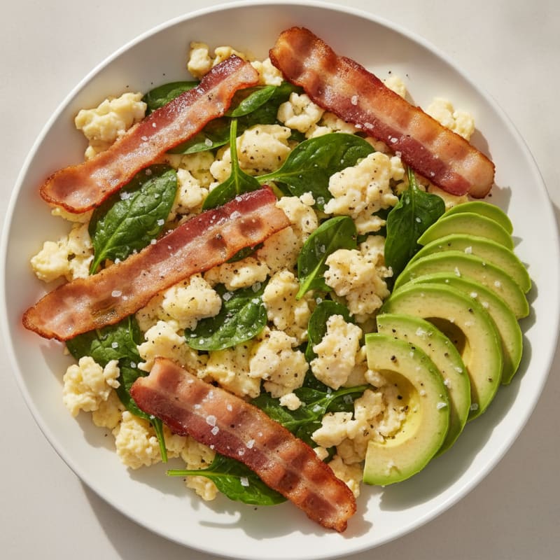 Crispy Turkey Bacon and Egg White Scramble with Baby Spinach
