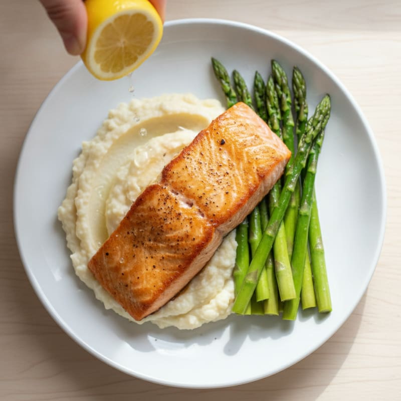 Seared Salmon with Steamed Asparagus and Cauliflower Mash