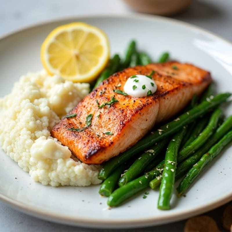 Seared Salmon Fillet with Garlic Green Beans and Cauliflower Mash