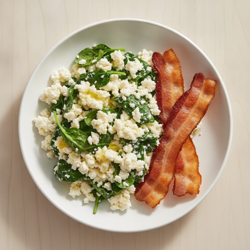 Cottage Cheese Scramble with Spinach and Turkey Bacon