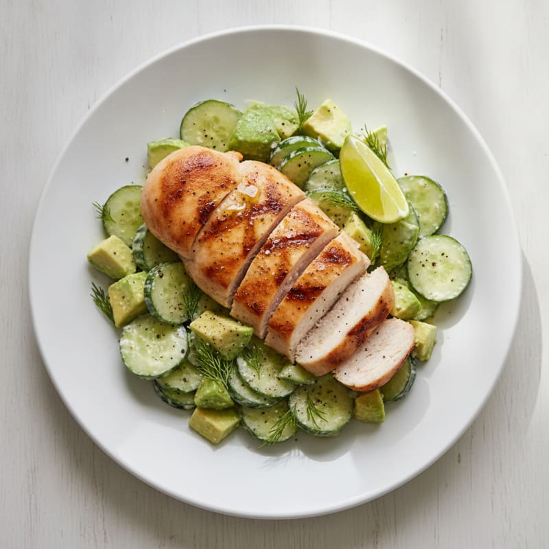 Seared Chicken Breast with Creamy Avocado Cucumber Salad