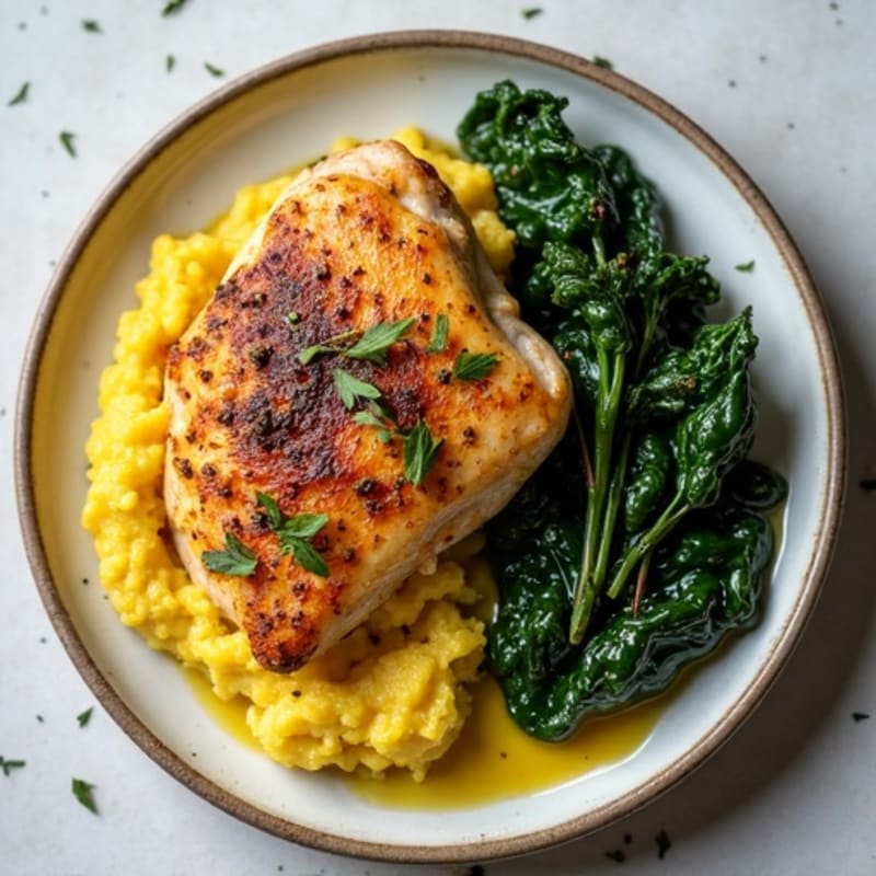 Tender Herb-Roasted Chicken with Creamy Plantain Mash and Braised Collard Greens
