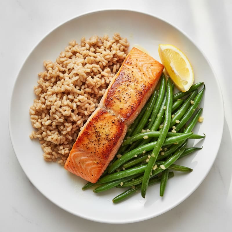 Seared Salmon with Garlic Green Beans and Brown Rice