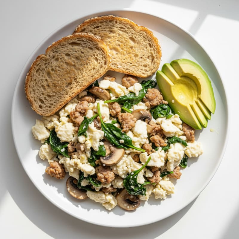 Egg White and Turkey Sausage Scramble with Spinach and Mushrooms