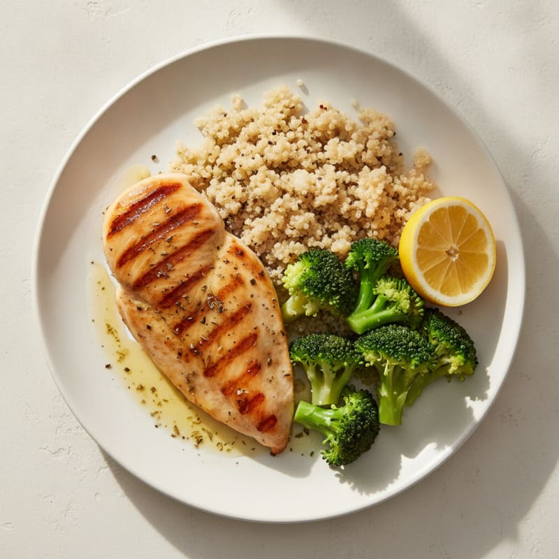 Grilled Chicken Breast with Steamed Broccoli and Quinoa