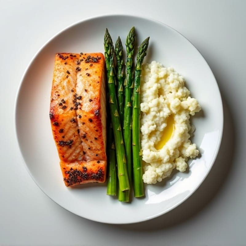 Seared Salmon Fillet with Steamed Asparagus and Cauliflower Mash
