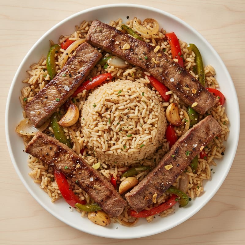 Garlic Pepper Steak with Savory Rice