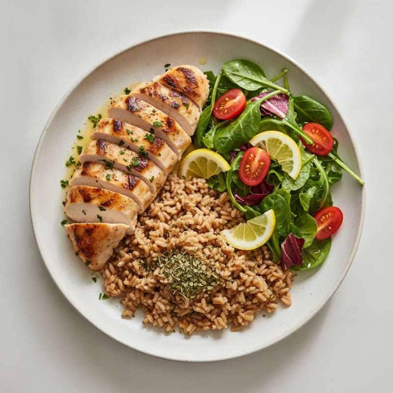 Grilled Chicken Breast with Brown Rice and Mixed Greens Salad
