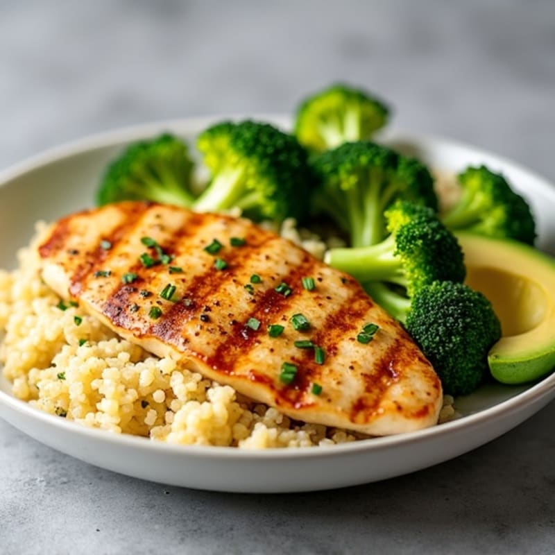 Grilled Lemon Garlic Chicken Breast with Quinoa and Steamed Broccoli
