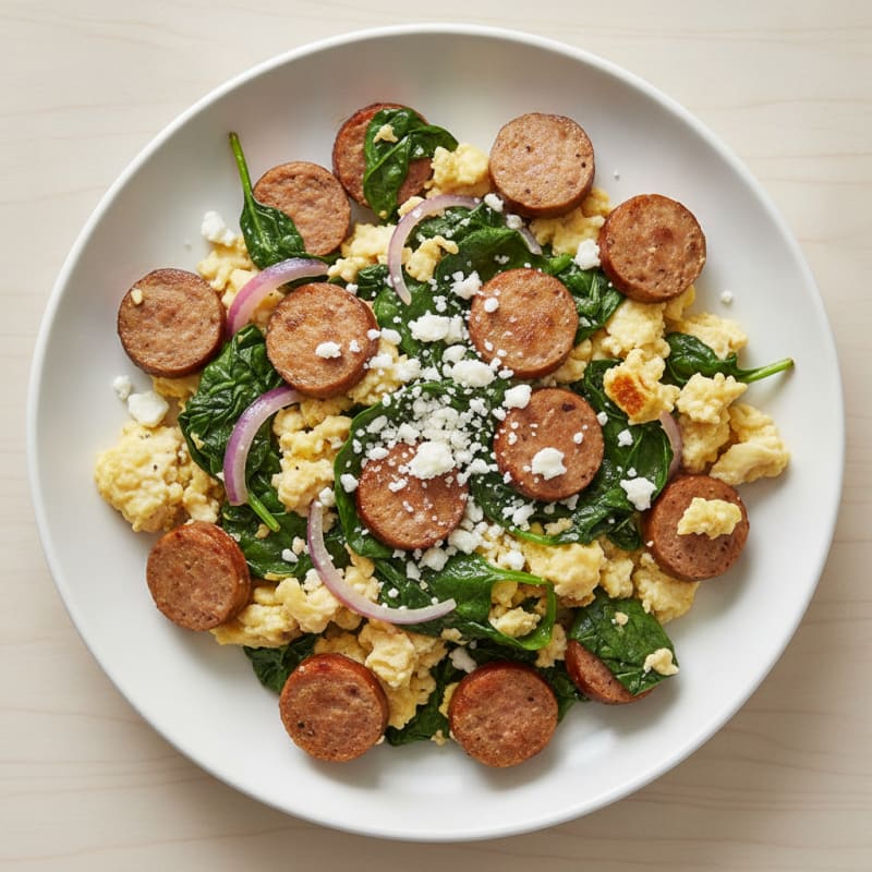 Egg White Scramble with Turkey Sausage and Sautéed Spinach