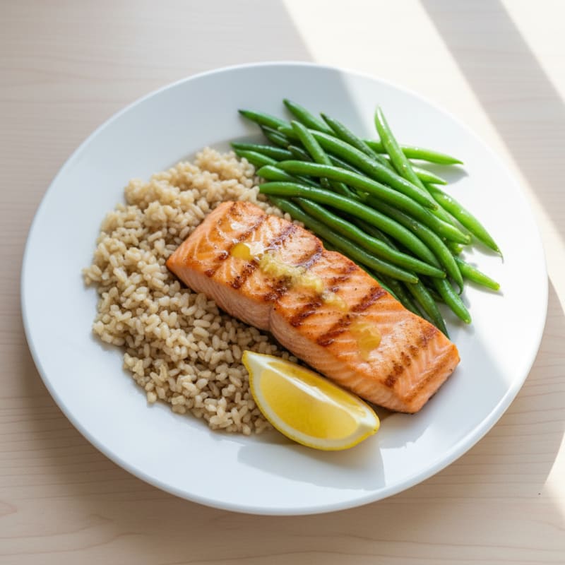 Seared Salmon with Steamed Green Beans and Brown Rice