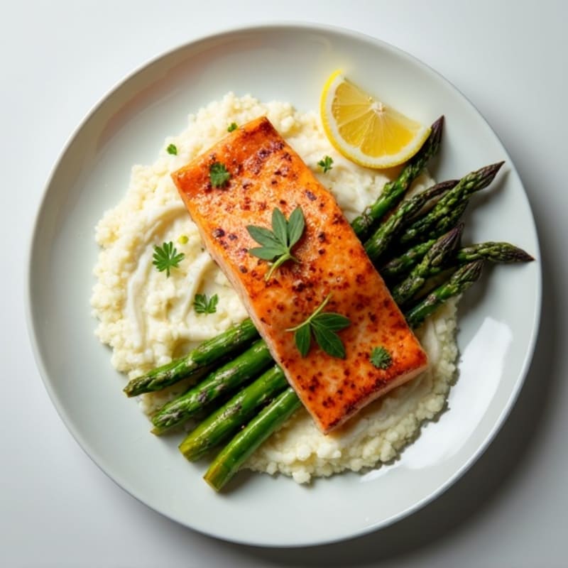 Seared Salmon with Roasted Asparagus and Cauliflower Mash