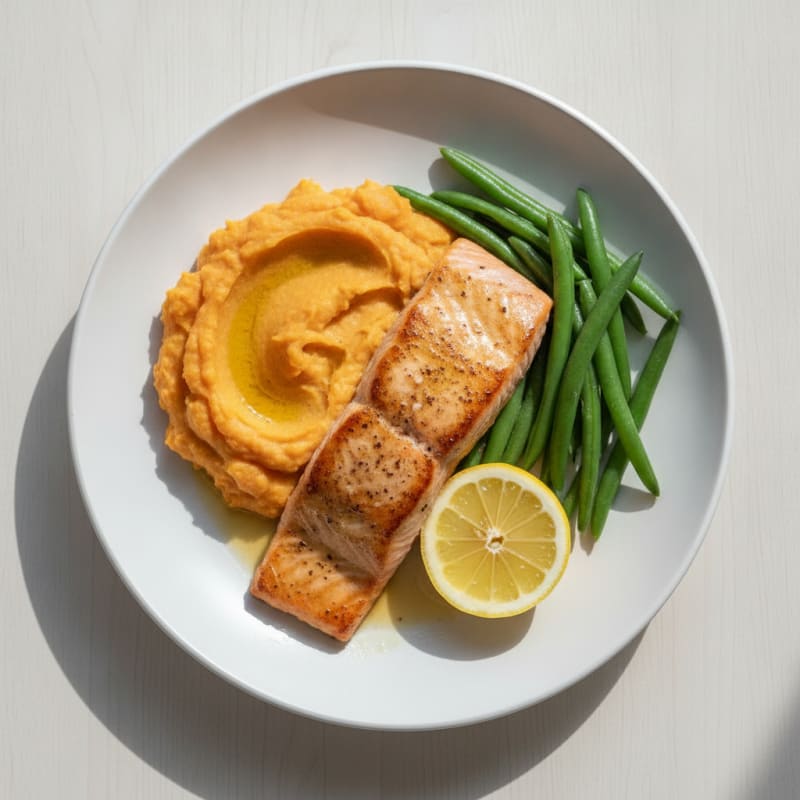 Seared Salmon Fillet with Steamed Green Beans and Sweet Potato Mash