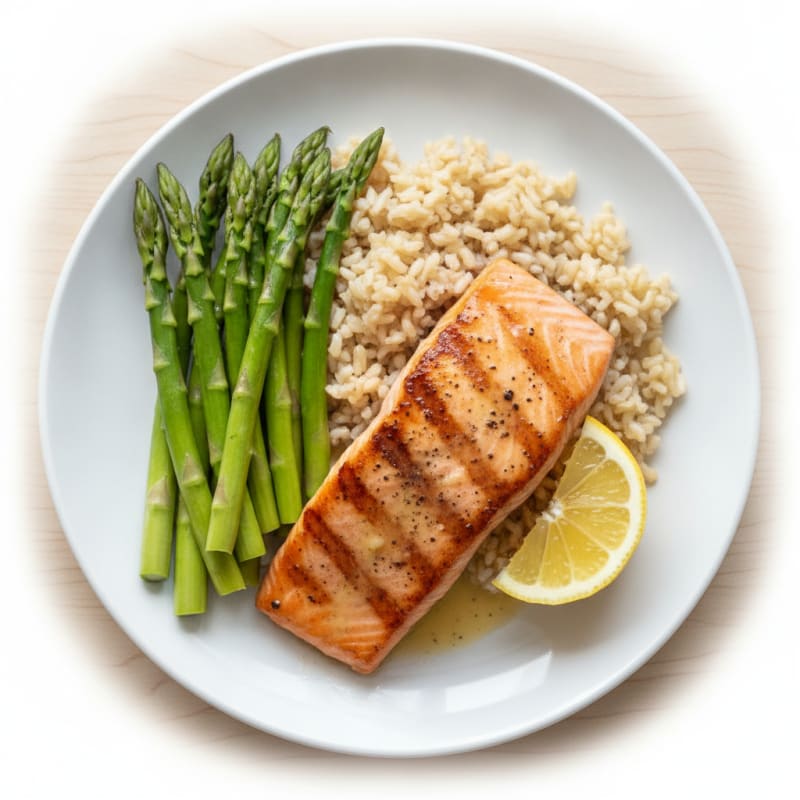 Seared Salmon with Steamed Asparagus and Brown Rice