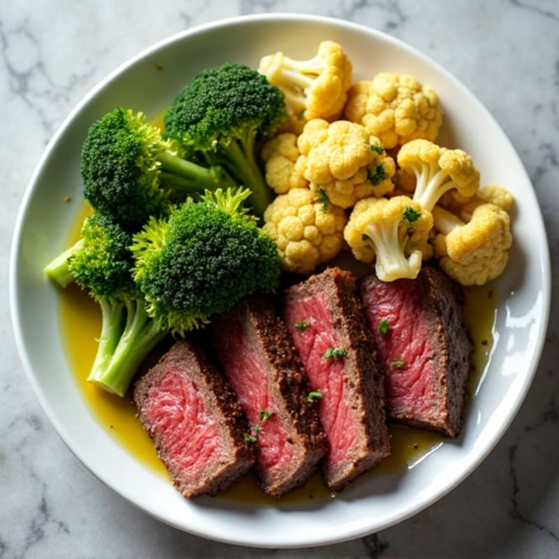 Seared Lean Beef Strips with Roasted Broccoli and Cauliflower