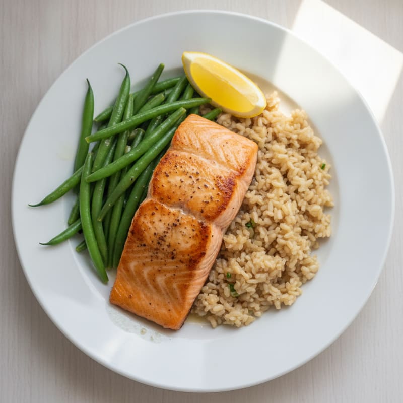 Seared Salmon with Steamed Green Beans and Brown Rice
