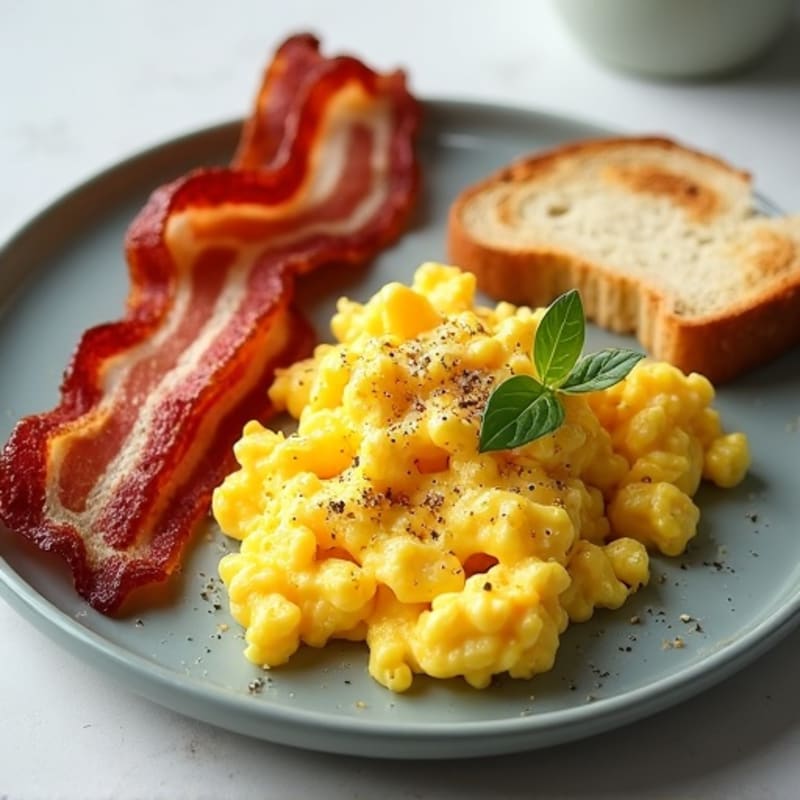 Scrambled Eggs with Turkey Bacon and Sourdough Toast