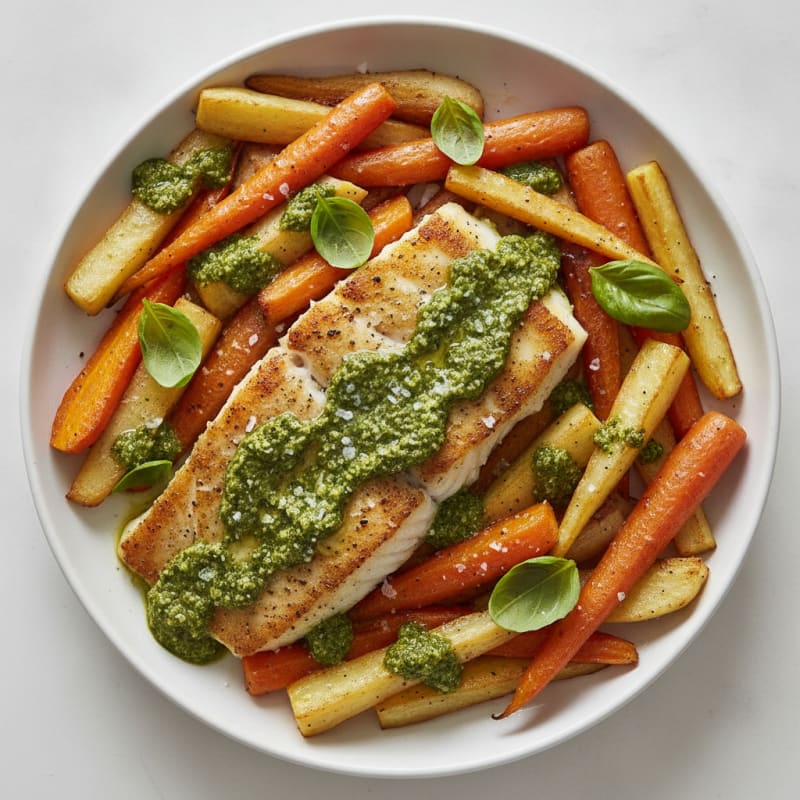 Pan-Seared Fish with Pesto and Roasted Root Vegetables