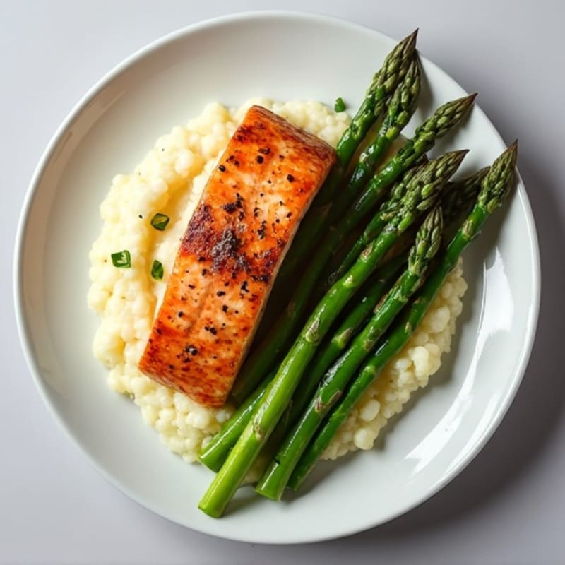 Seared Salmon with Steamed Asparagus and Cauliflower Mash