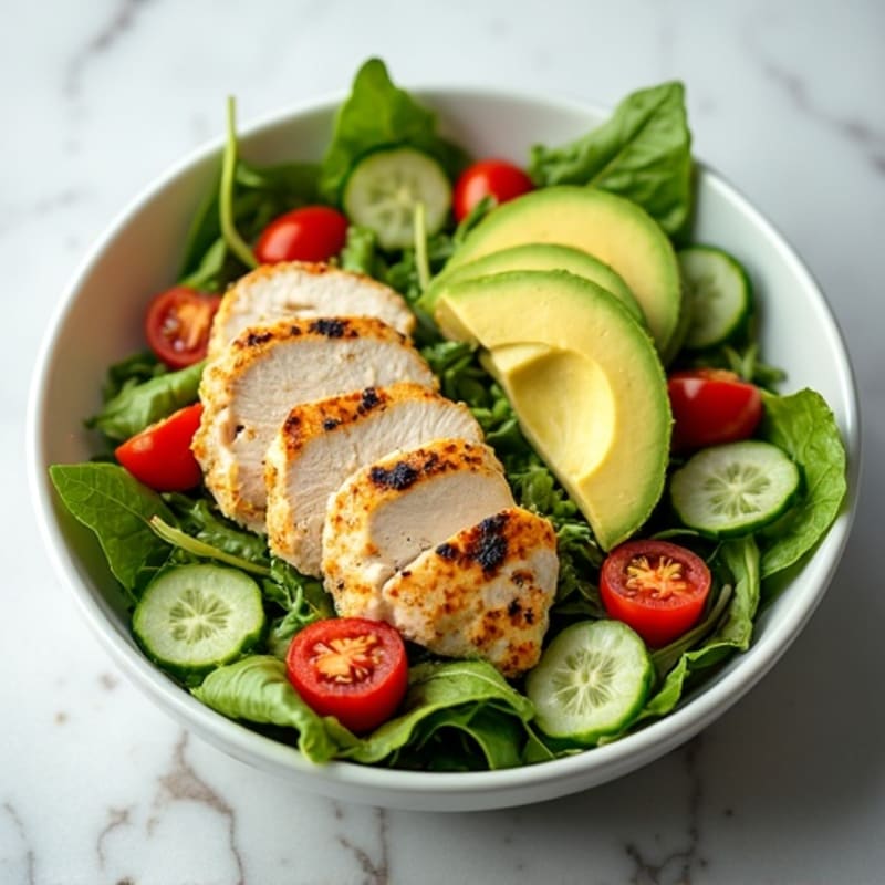 Grilled Chicken and Fresh Greens Salad with Creamy Avocado Dressing