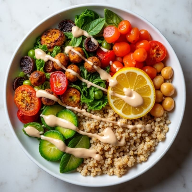 Roasted Vegetable and Crispy Chickpea Quinoa Bowl with Creamy Tahini Dressing