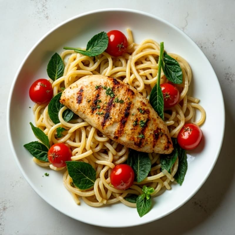 Chicken Pesto Pasta with Roasted Cherry Tomatoes and Fresh Spinach