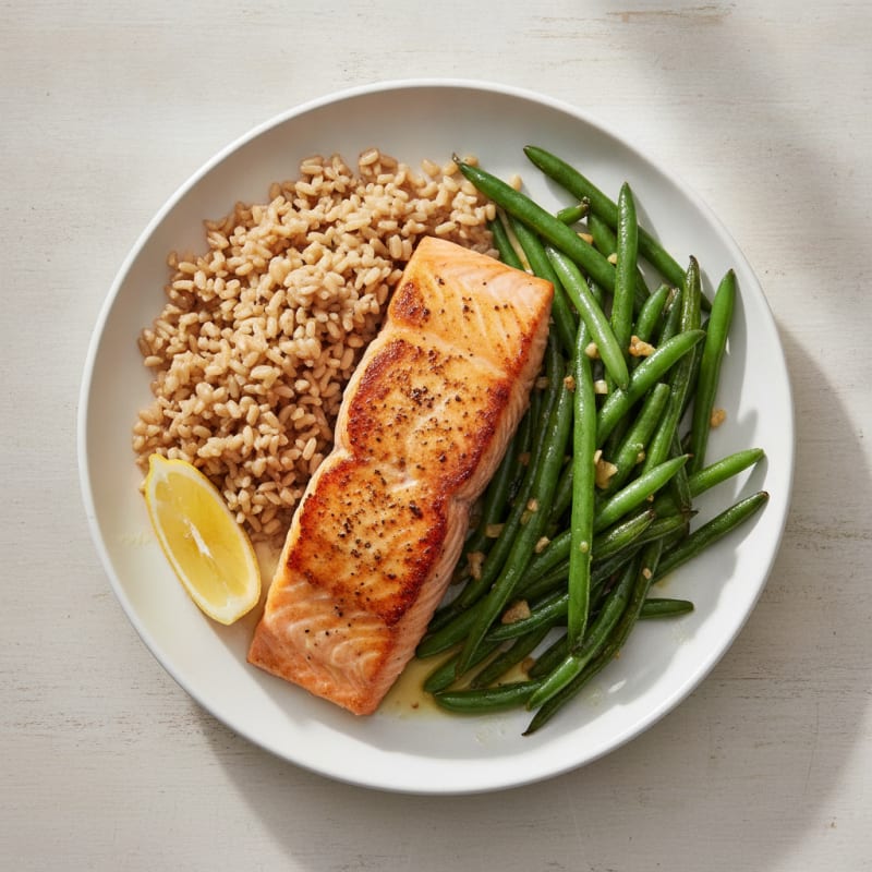 Seared Salmon with Garlic Green Beans and Brown Rice