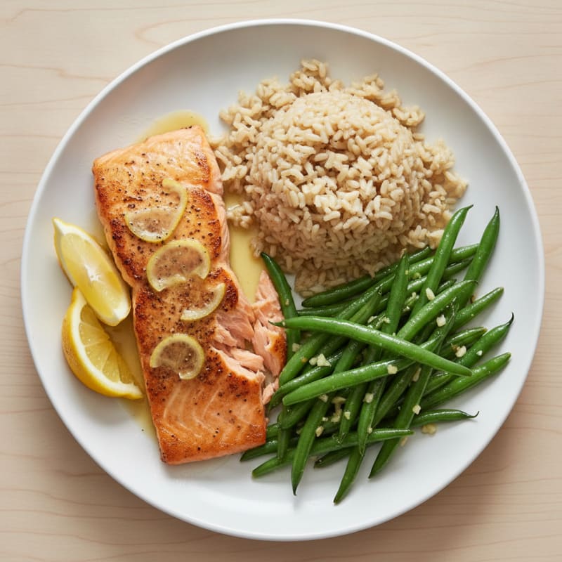 Seared Salmon with Garlic Green Beans and Brown Rice