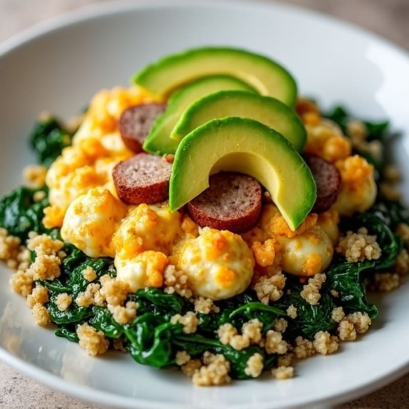 Egg White and Turkey Sausage Scramble with Sautéed Spinach and Quinoa