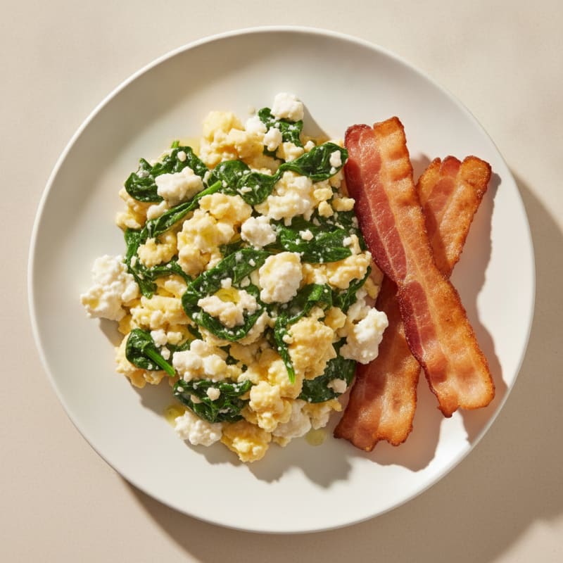 Cottage Cheese Egg Scramble with Spinach and Turkey Bacon