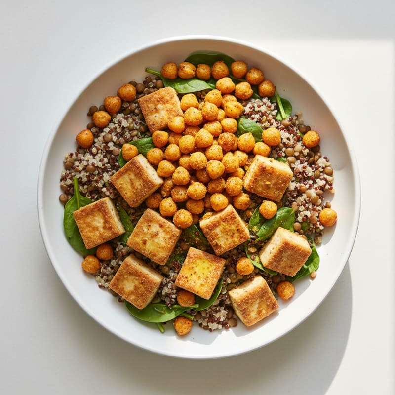 Crispy Tofu and Lentil Salad with Roasted Chickpeas and Quinoa