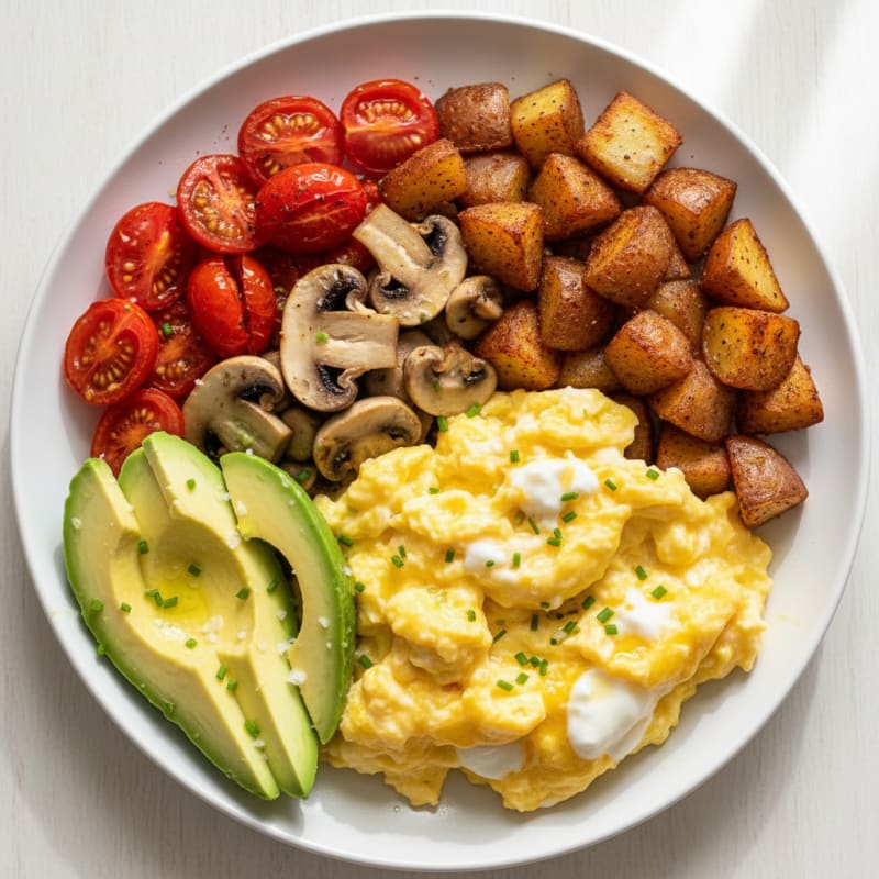 Creamy Scrambled Eggs with Avocado and Roasted Tomatoes