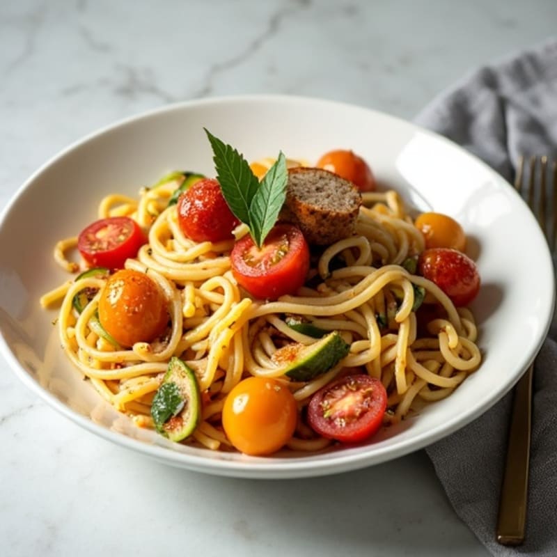 Creamy Dairy-Free Sausage and Gluten-Free Pasta with Roasted Vegetables