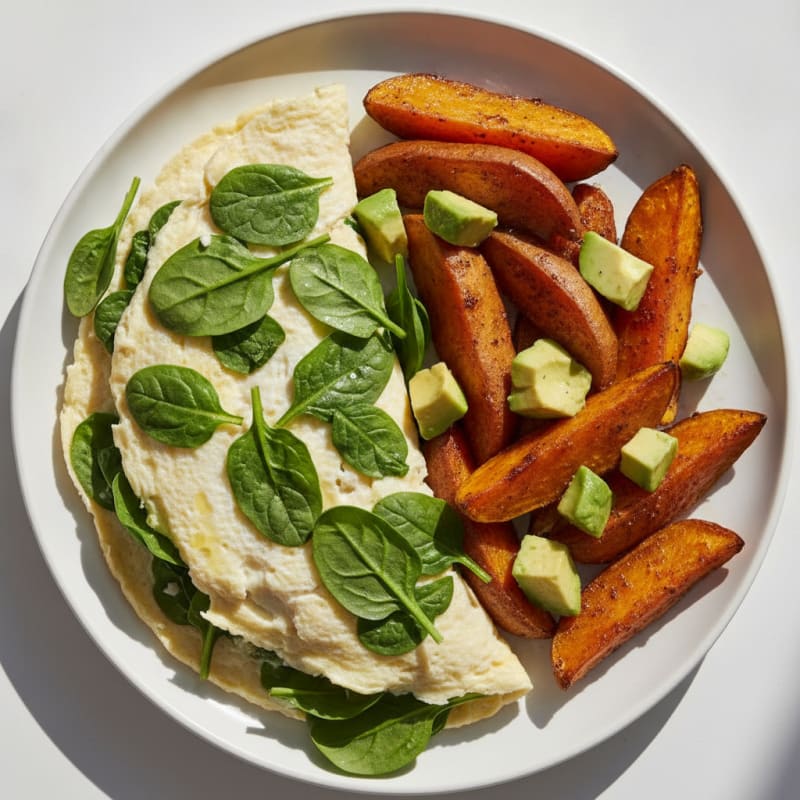 Egg White Spinach Omelette with Roasted Sweet Potatoes