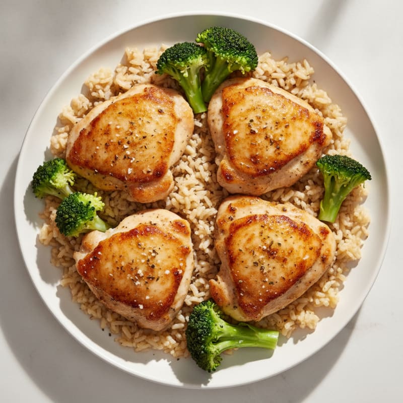 Seared Chicken Thighs with Steamed Broccoli and Brown Rice