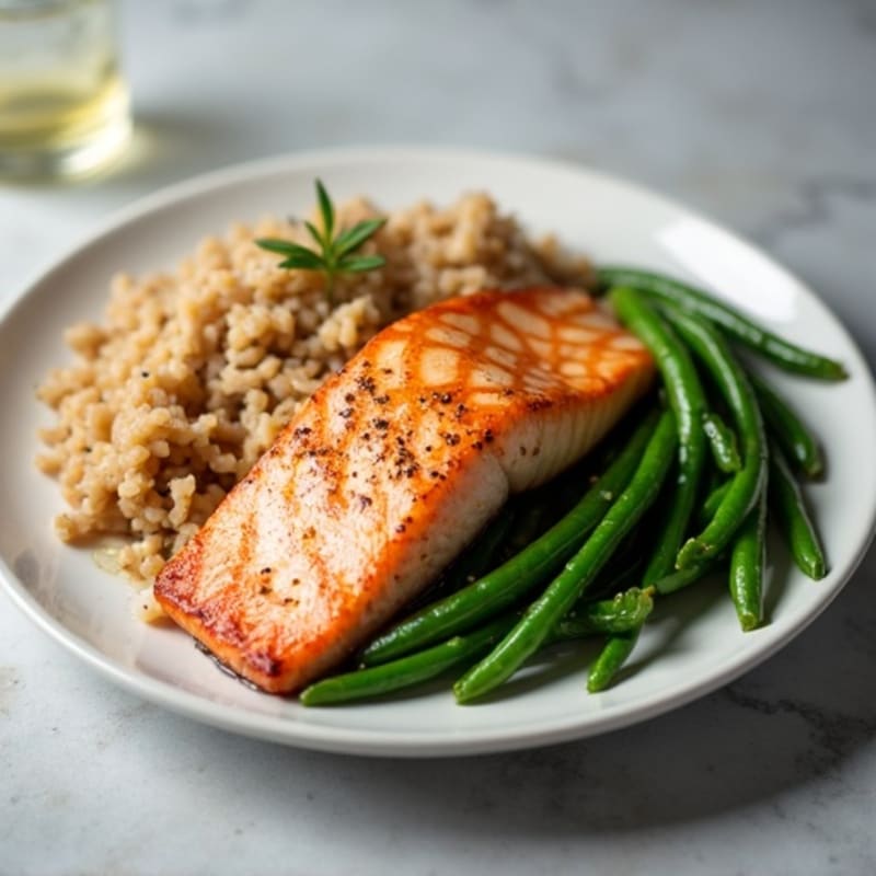 Seared Salmon with Steamed Green Beans and Brown Rice