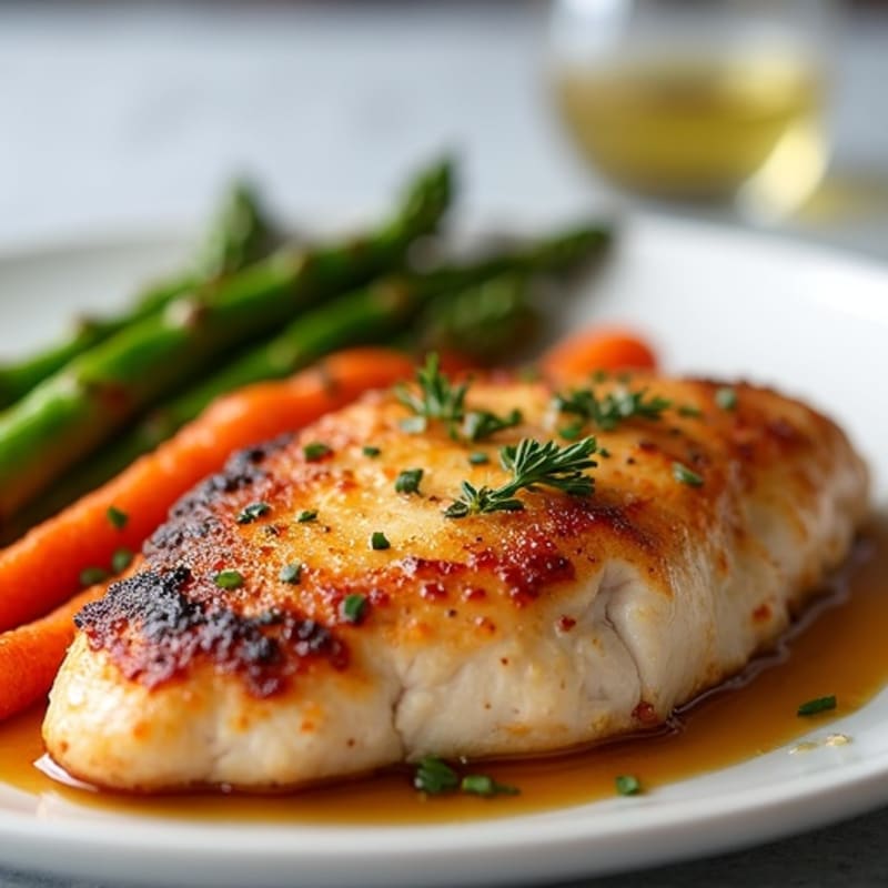 Crispy Pan-Seared Chicken with Maple Glazed Carrots and Roasted Asparagus