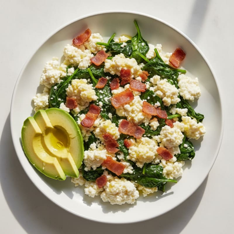 Crispy Bacon and Spinach Egg White Scramble with Cottage Cheese
