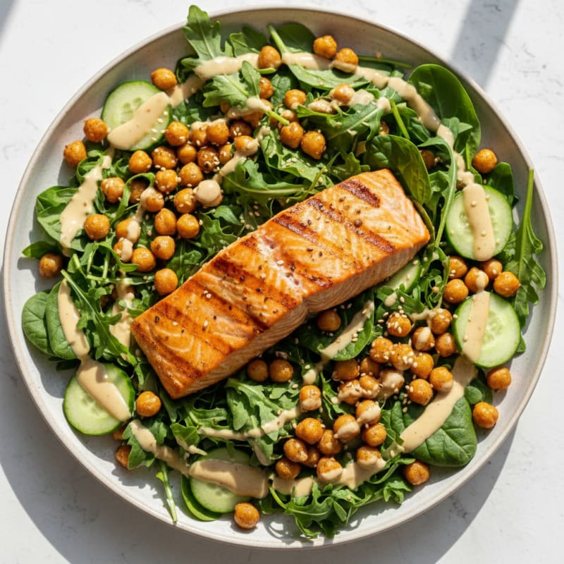 Grilled Salmon Salad with Chickpeas and Lemon-Tahini Dressing