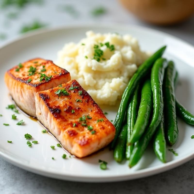 Seared Salmon with Steamed Green Beans and Garlic Mashed Cauliflower
