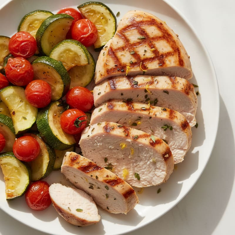 Grilled Turkey Breast with Roasted Zucchini and Cherry Tomatoes