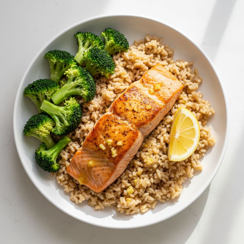 Seared Salmon with Steamed Broccoli and Garlic Brown Rice
