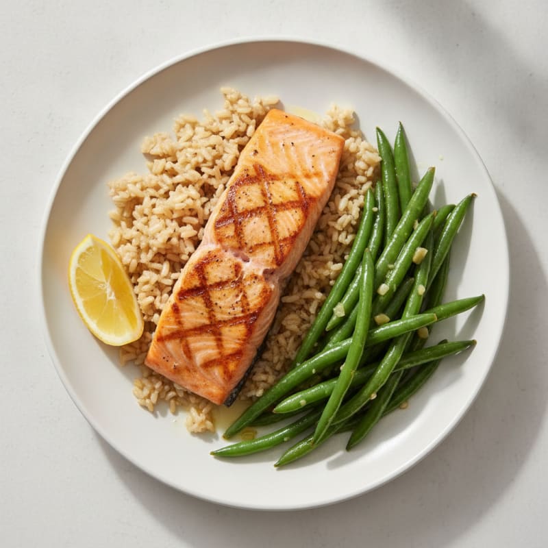 Seared Salmon with Garlic Green Beans and Brown Rice