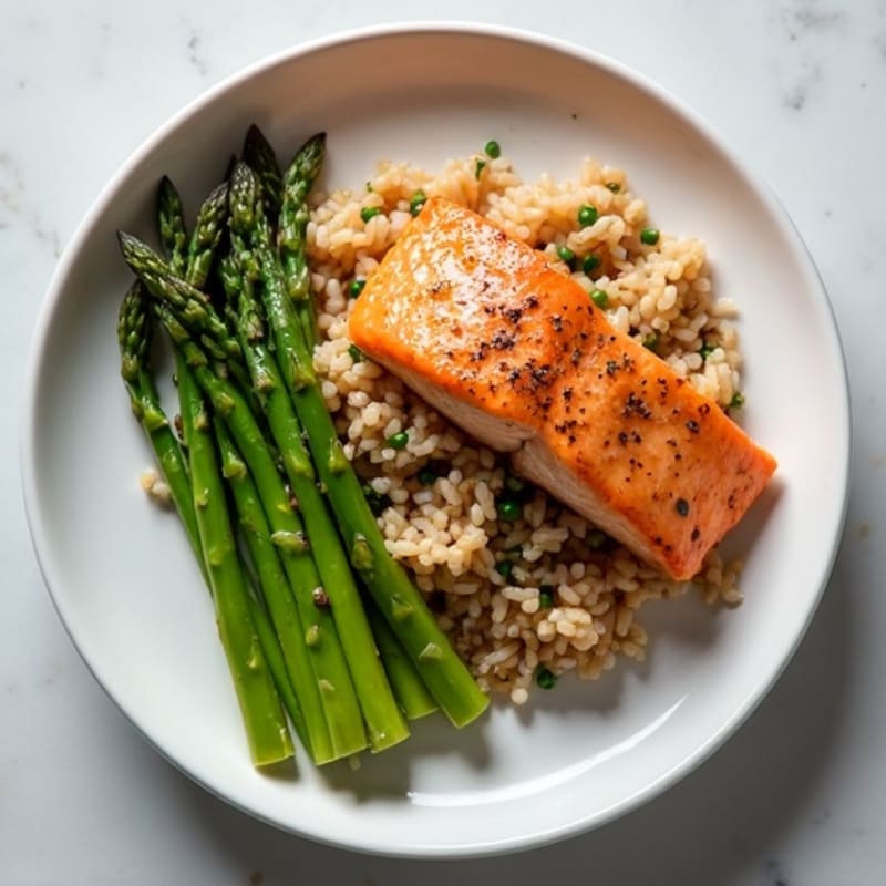 Seared Salmon with Steamed Asparagus and Brown Rice