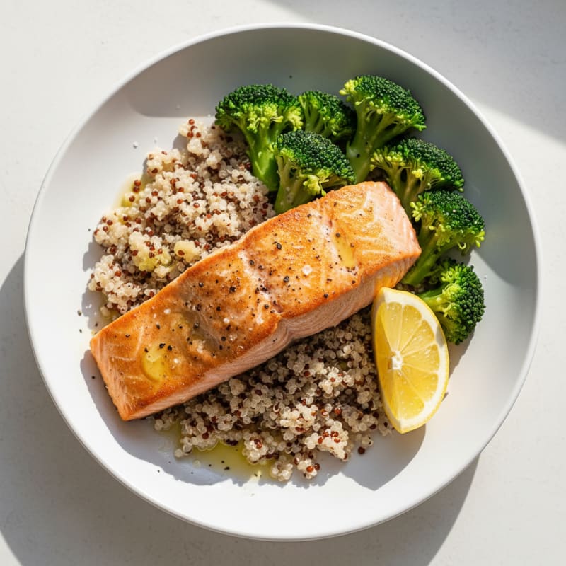 Seared Salmon with Steamed Broccoli and Quinoa