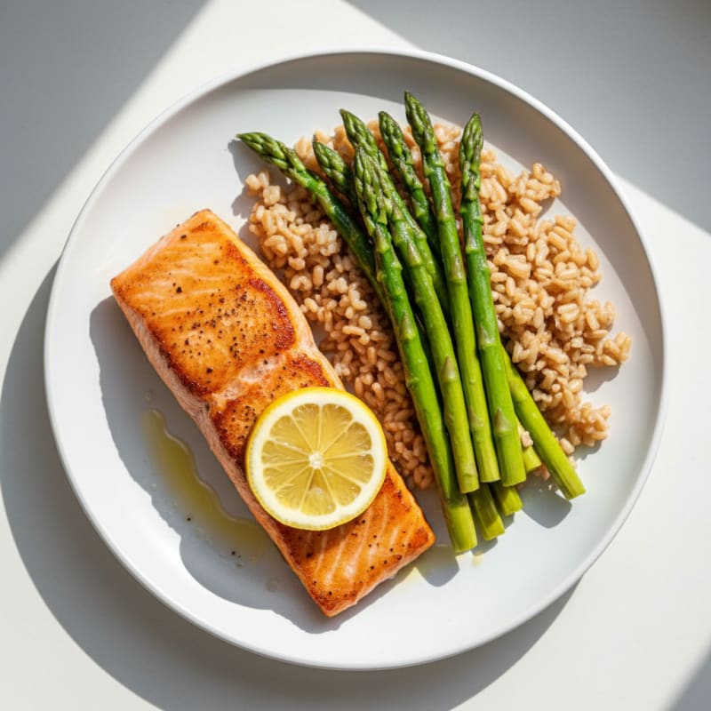 Seared Salmon with Steamed Asparagus and Brown Rice
